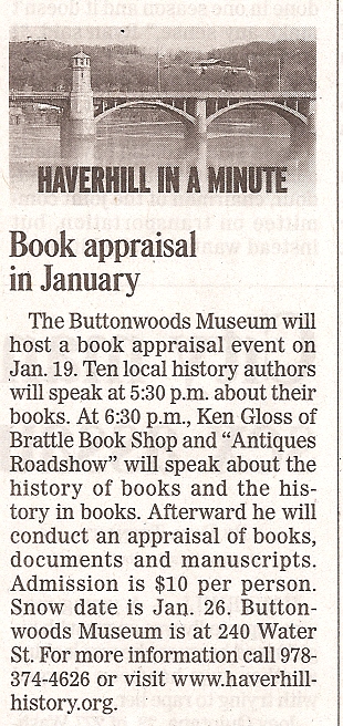 Newspaper story about the Buttonwoods - NEAE Book Appraisal Event 
