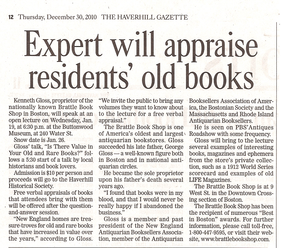 Newspaper story about the Buttonwoods - NEAE Book Appraisal Event 