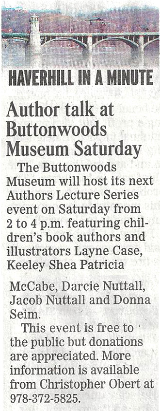 Newspaper story on the Children's book event at Buttonwoods Museum.