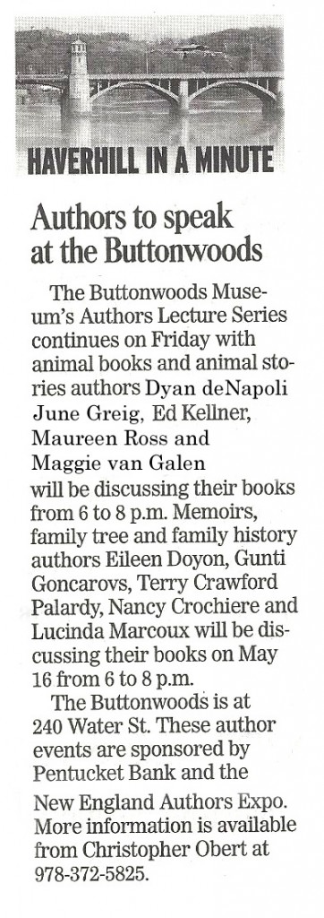 Newspaper story on the Books about Animals event at Buttonwoods Museum
